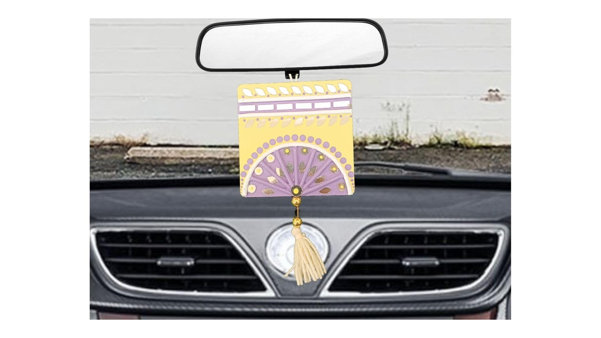 Qala Mud & Mirror Work Lippan Art Car Hanging Car Rear View Mirror Decor Accessories I Office Home Decor (20 cm x 10 cm, Pack of 1) (Square) (Yellow)-image-26