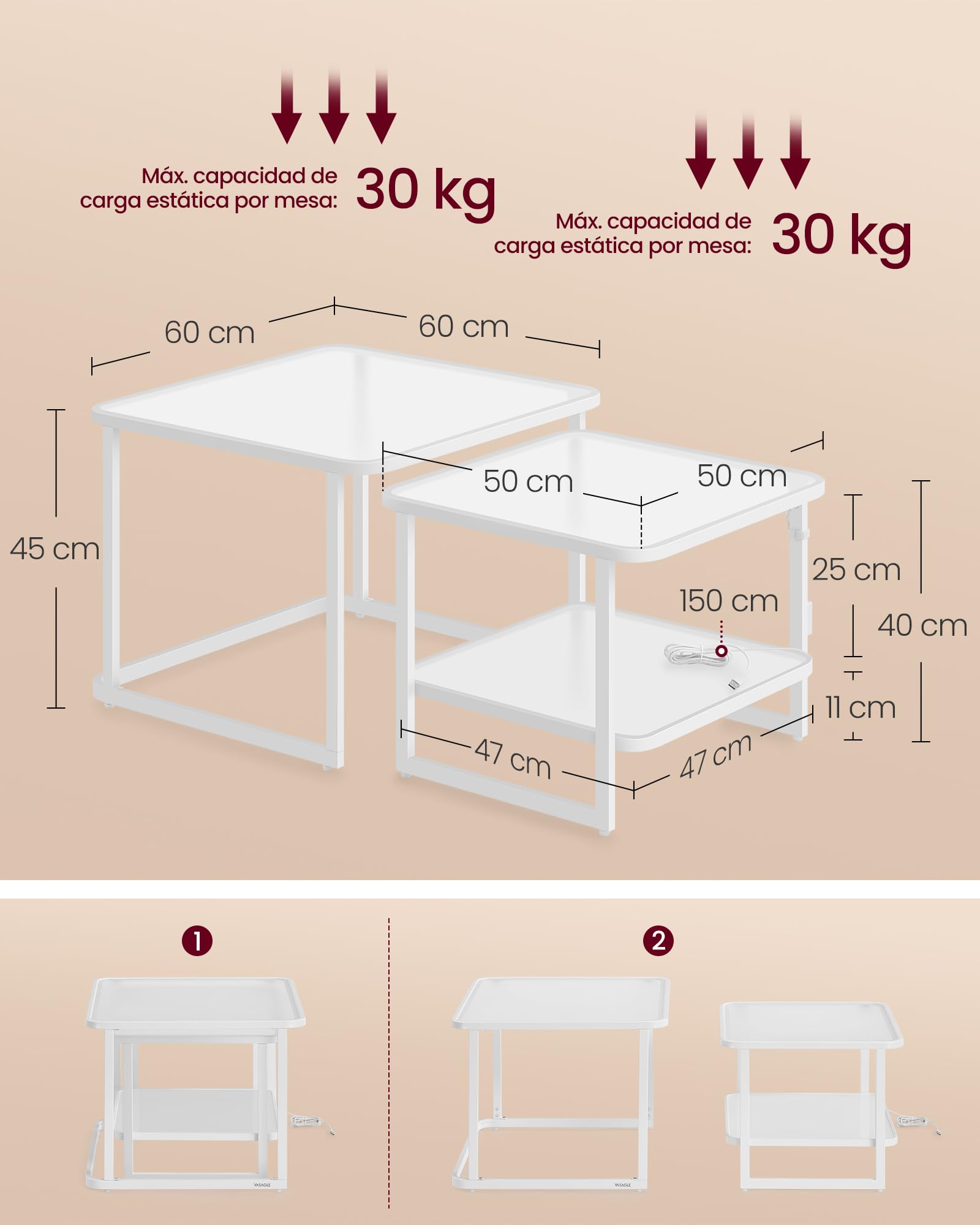 VASAGLE Mesas de Centro, Juego de 2 Mesas de Café con Luces LED, Mesas Auxiliares Cuadradas Modernas Encajables, Cristal Templado, para Salón, Dormitorio, Blanco Nube y Blanco Perla LCT246W01