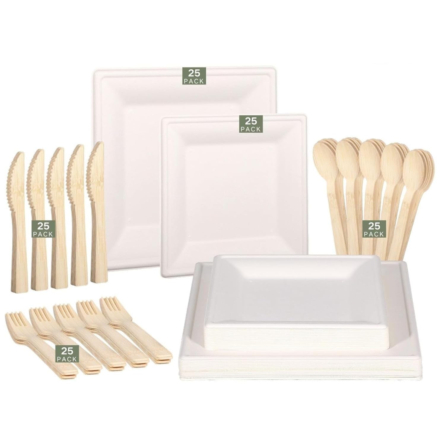LEKOCH Compostable Plates Set, 25 Guests Sugarcane Dinnerware - Eco-friendly Heavy-Duty Square Plates, Forks, Knives, Spoons, Biodegradable