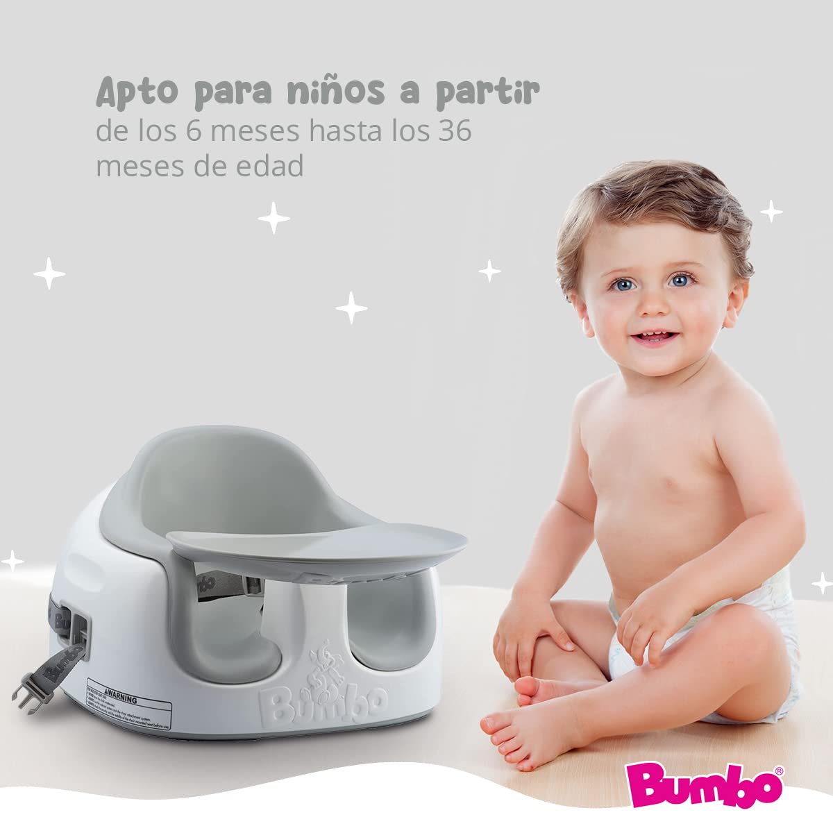 Bumbo Multi Seat - Asiento para Bebé 3 en 1 - Asiento de Suelo, Trona Portátil y Alzador de Silla para Comer - Bandeja Extaíble y Altura Ajustable - Color Gris