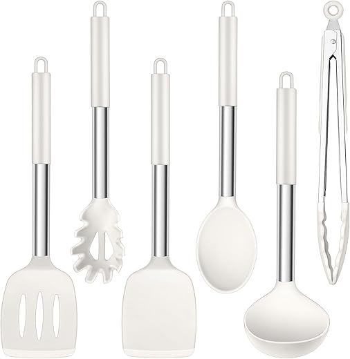 Herogo Kitchen Utensil Set, 6 Pieces Silicone Heat Resistant Stainless Handle, Non-Stick Spatula, Easy to Clean, White
