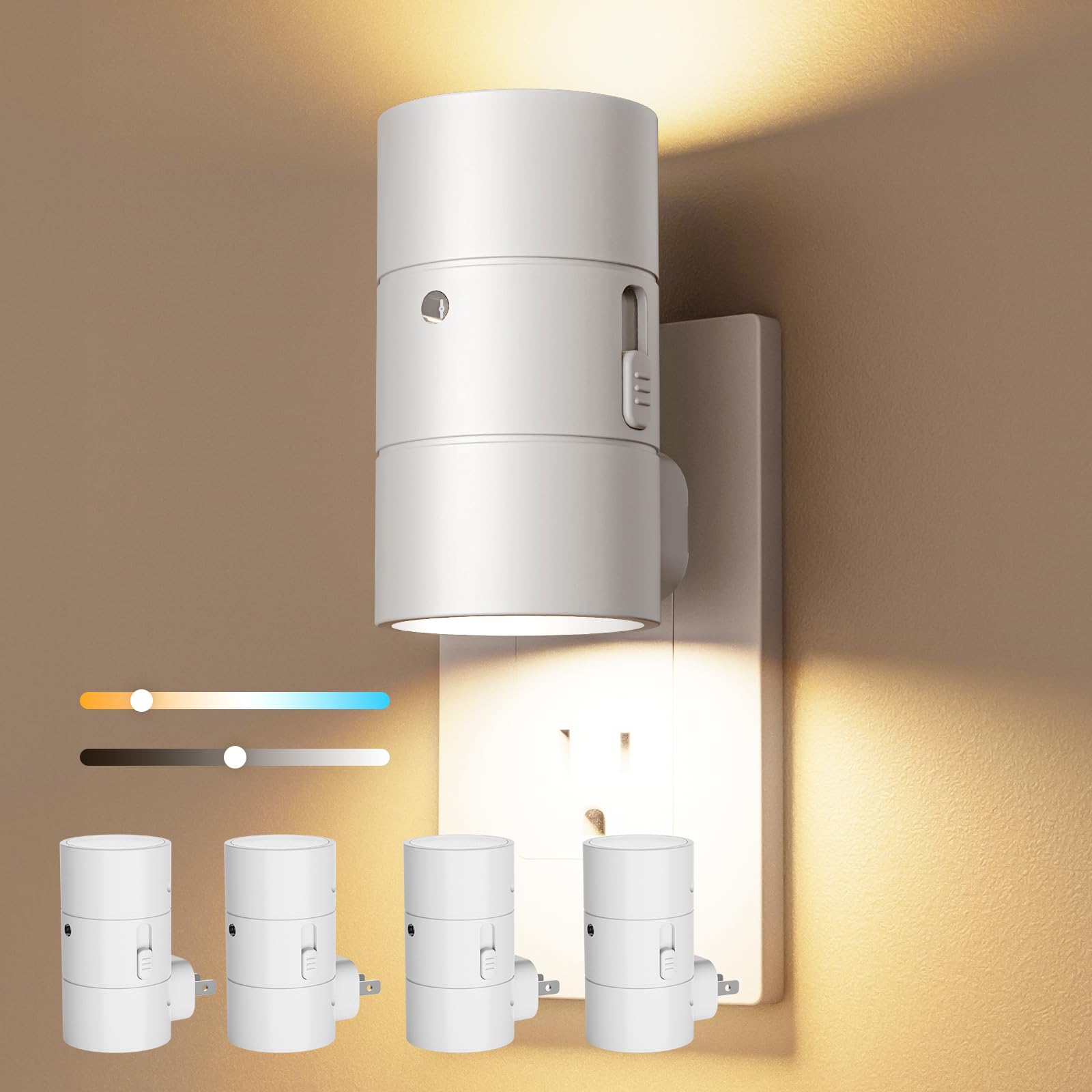 VOLISUN Night Lights Plug into Wall, Dimmable LED Nightlight with Dusk to Dawn Light Sensor, 0-100LM Adjustable Brightness, 3 Color Temperatures, Smaller Plug White 4 Pack for Hallway,Bedroom,Bathroom