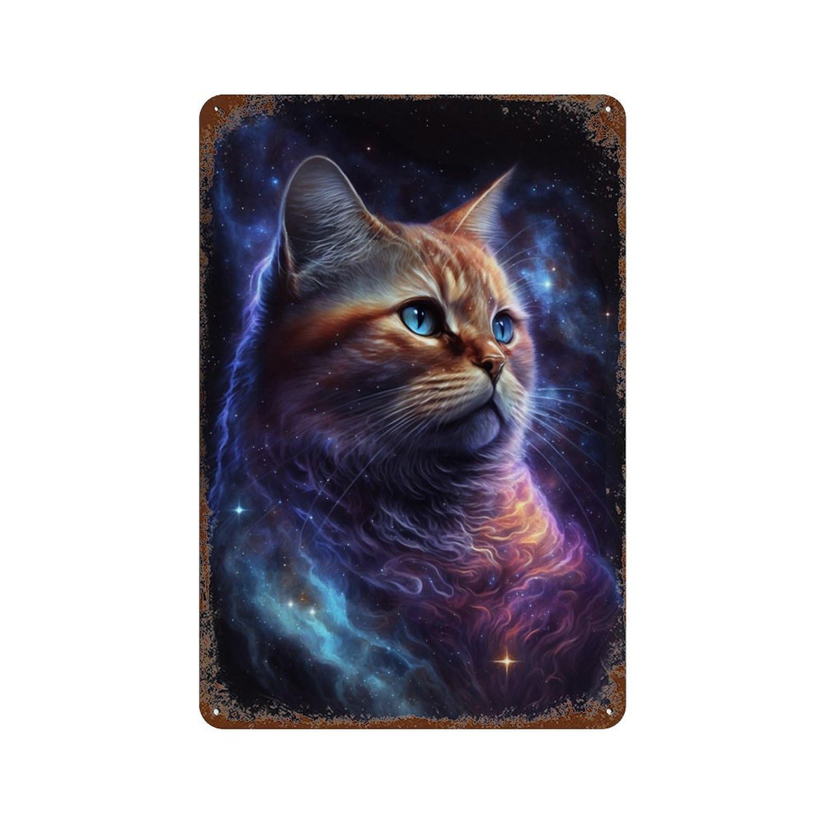 Rust Effect Cosmic Cat Art Print-8 Rusty Metal Tin Sign 11.8"x7.9", Decorative Metal Wall Art for Farmhouse, Kitchen And Entryway Decor