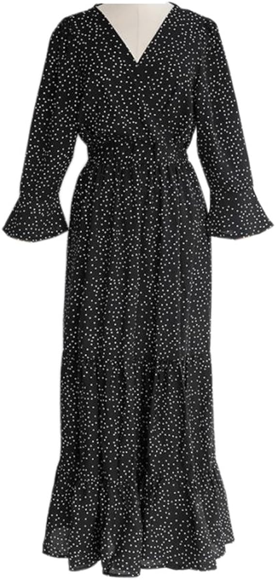 Amazon Co Jp ドット ワンピース 黒 ブラック Vネック ワンピース レディース きれいめ ロング 30代40代 春夏 きれいめ 九分袖 フレア袖 マキシ 黒 フリー 服 ファッション小物