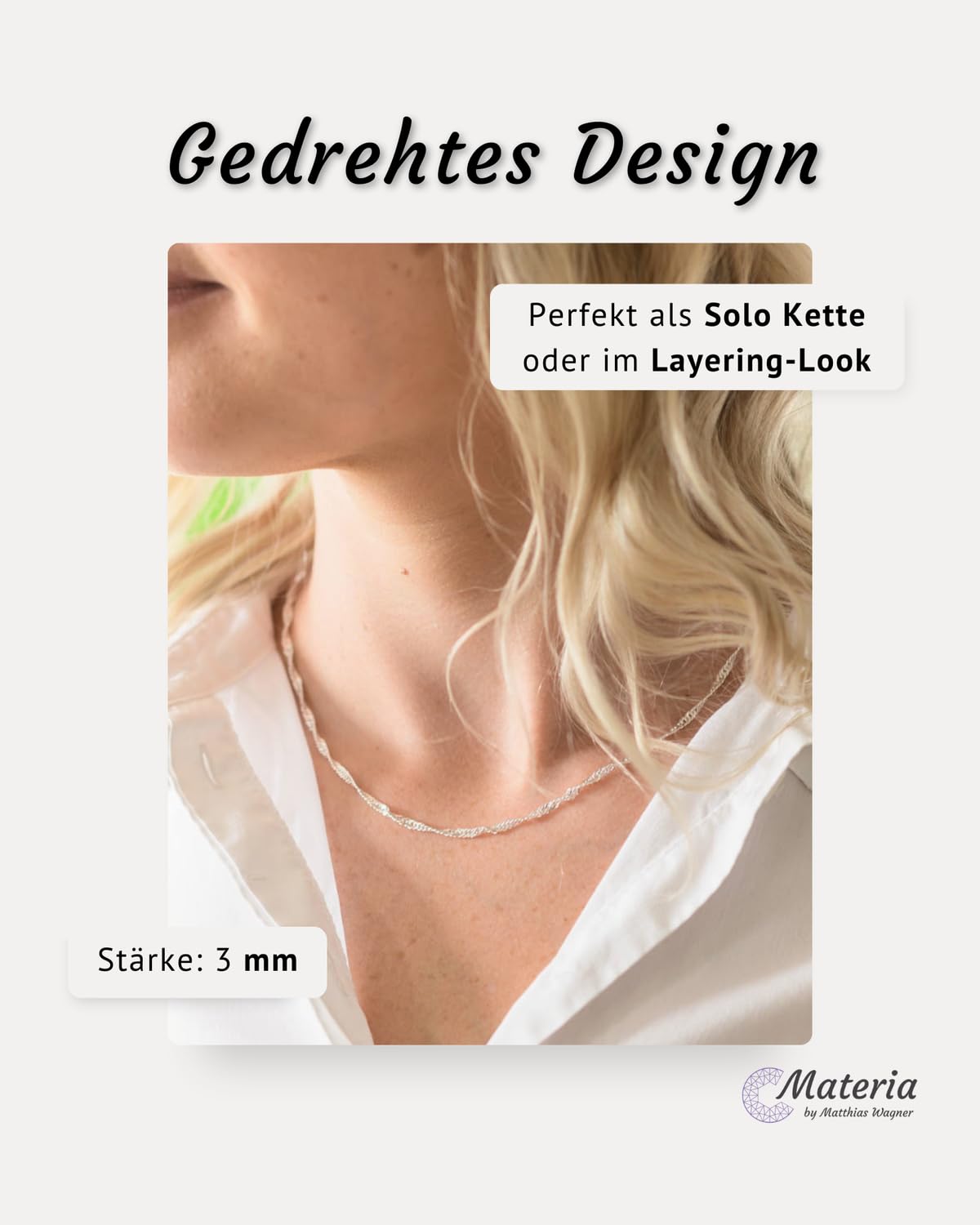 Feine Singapurkette 925 Silber Damen - Halskette 3mm flach K95 | Gedrehte Silberkette aus hautfreundlichem 925 Sterling Silber diamantiert in 40-70cm von MATERIA by Matthias Wagner