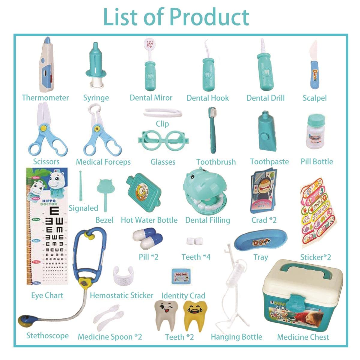 Koolbitz 38Pcs Dentist Toys for Kids Pretend Doctor Set including Dentist Kit and Dental Play Case, Hippo Teeth Model - Image 5