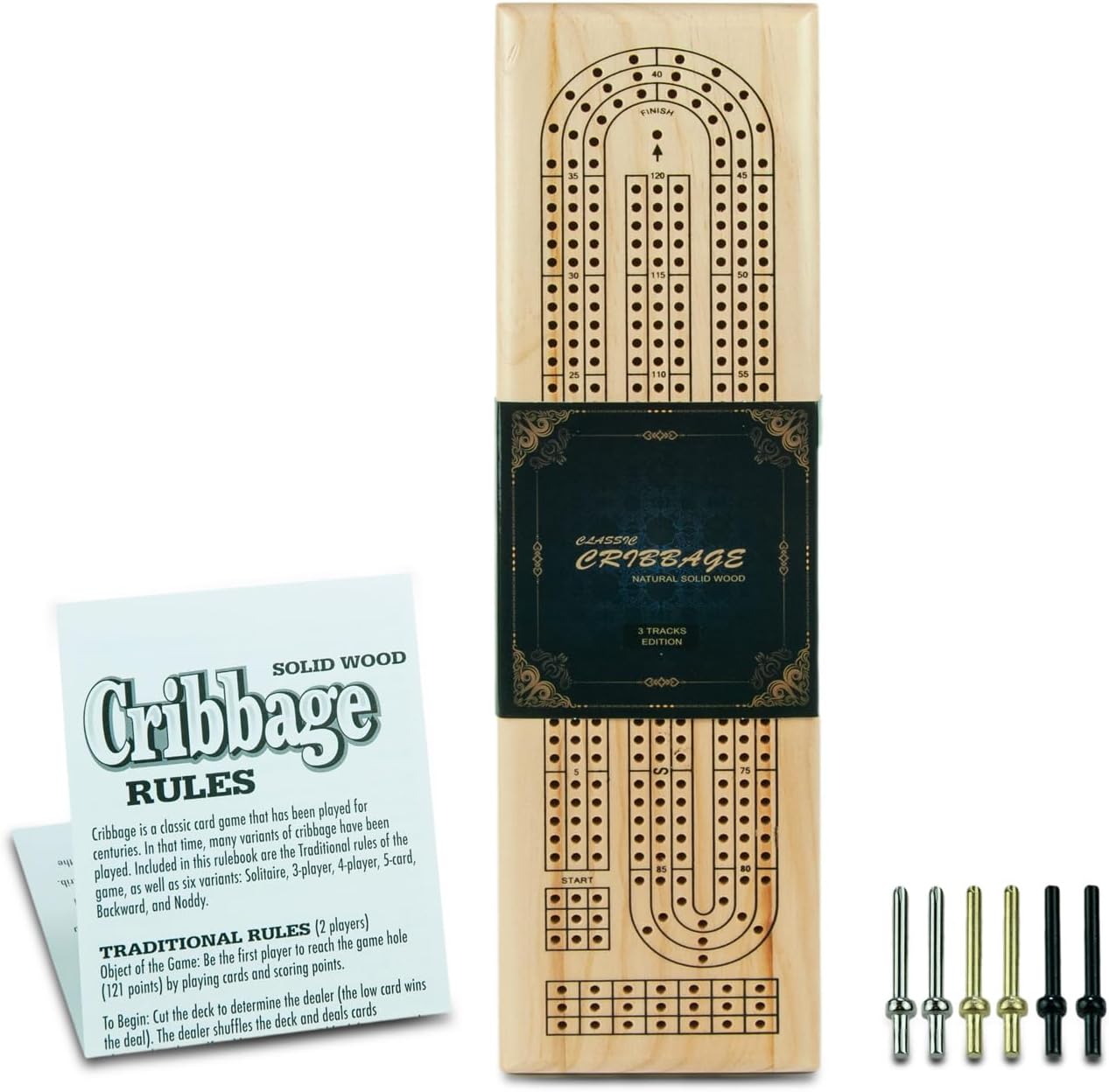 Tradeopia 3 Track Handcrafted Natural Solid Wooden Cribbage Board, Pegs