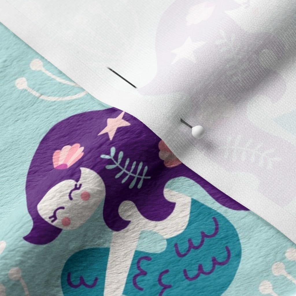 Spoonflower Fabric - Mermaids Purple Mermaid Cats Ocean Starfish Swimming Fish Shells Printed on Minky Fabric by The Yard - Sewing Baby Blankets Quilt Backing Plush