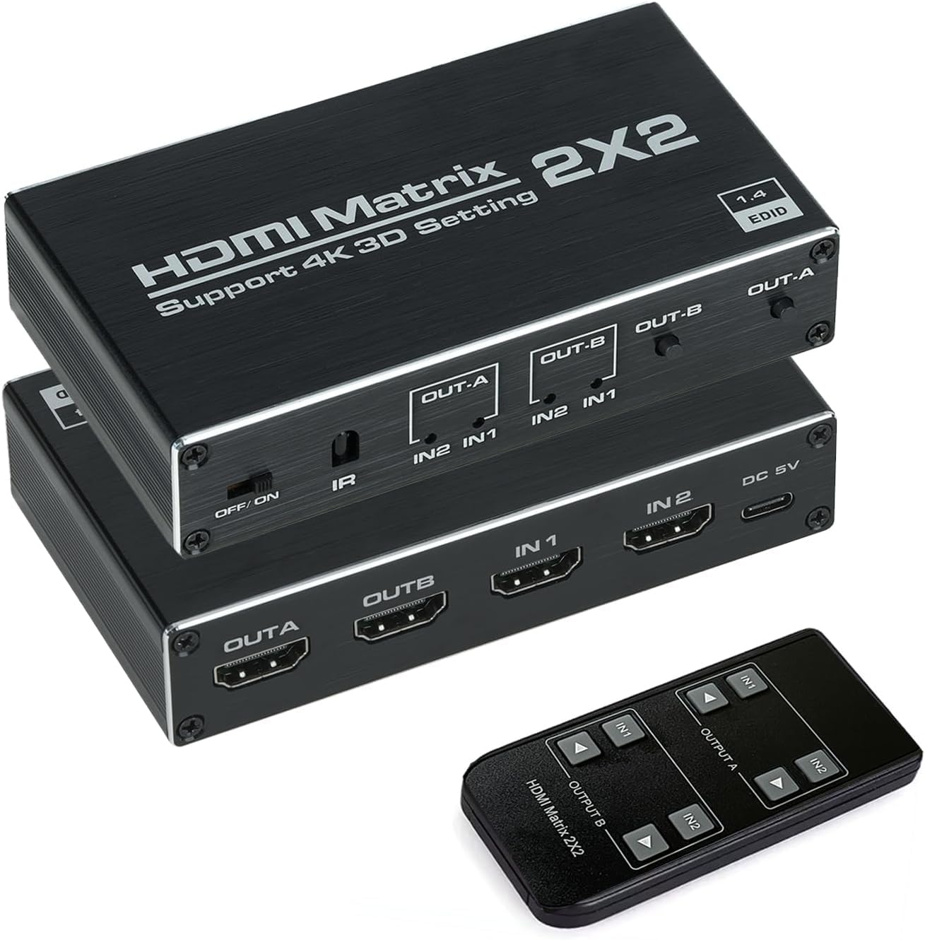 Conmutador de matriz HDMI 2x2 2 en 2 salidas con control remoto IR compatible con Ultra 4K @60Hz YUV 4:2:0, 4K @30Hz, 3D, 1080P, HDMI 1.4, HDCP 1.4