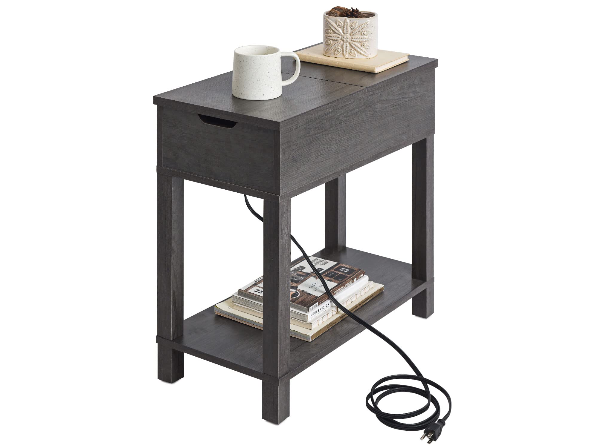 Labcosi Modern Farmhouse Side Table, Narrow End Table with Charging Station, Flip Top End Table with Storage Shelf