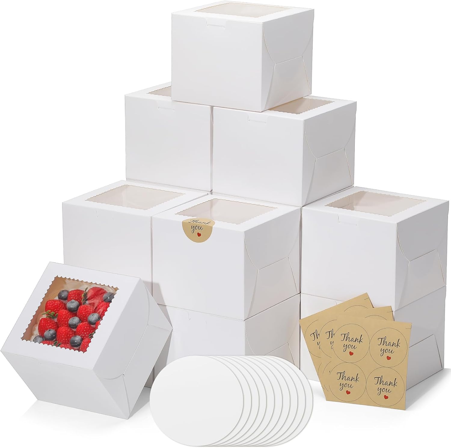 Mini Cake Boxes 6 Inch with Window, 48 Set Bakery Boxes with Cake Boards & Stickers, Cupcake Box for Birthday, Party, Wedding, Mother's Day, Valentine's Day, Christmas（6x6x5 inch）