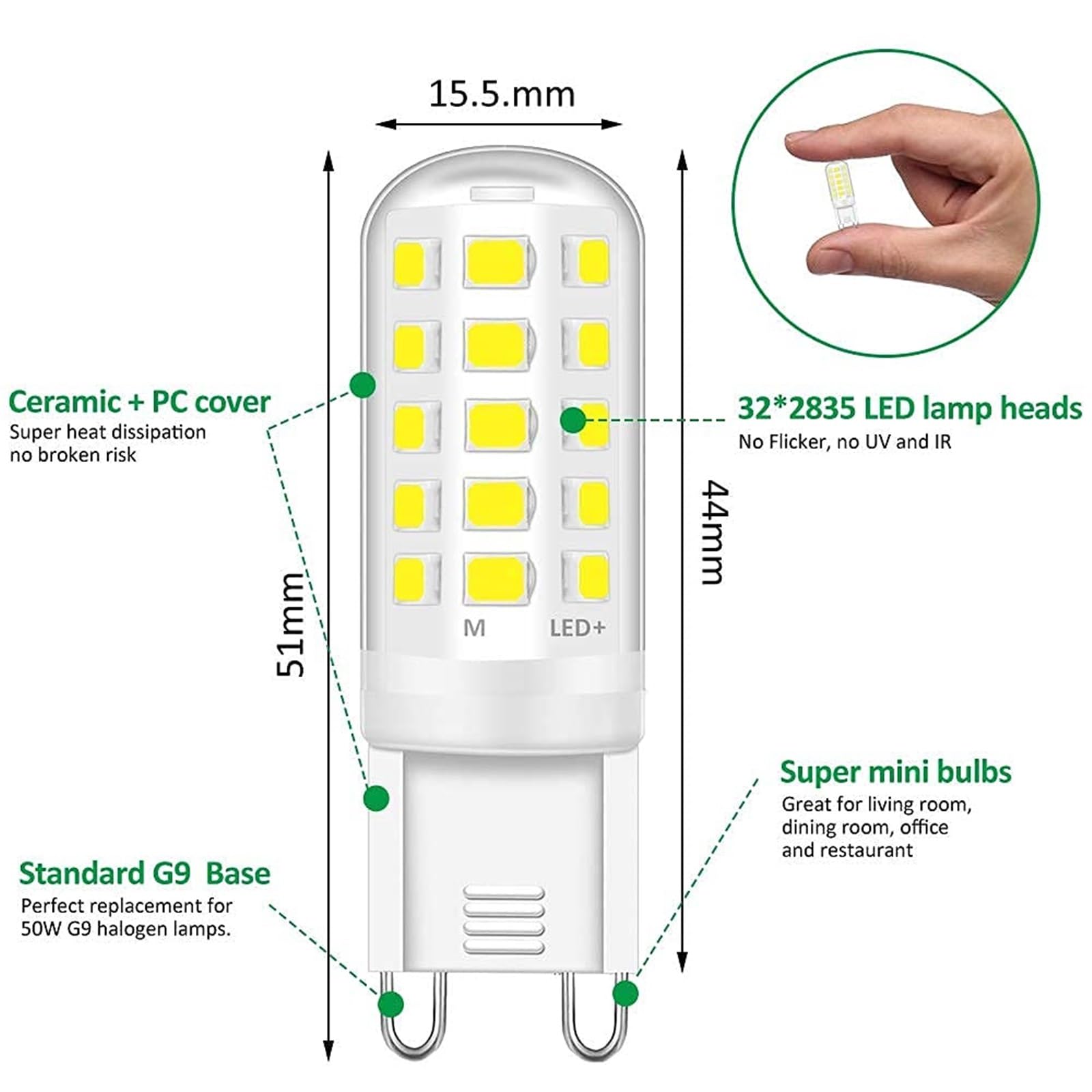 Bombilla LED G9 5W Reemplazo 50 W Ahorro de energía Sin parpadeo No regulable Para lámparas araña lámparas tech lámparas mesa para uso en interiores hogar y oficina(Cool White 6000K)