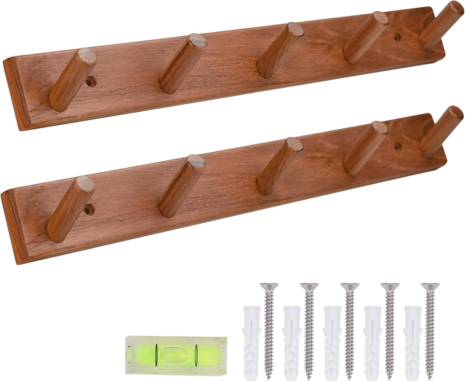 Natural Teak Wall-Mounted Coat Rack (Set of 2, 16.6")-Farmhouse Entryway Hooks with 5 Wooden Hooks Each, Rustic Bathroom Wall Pegs for Jackets, Backpacks & Towels