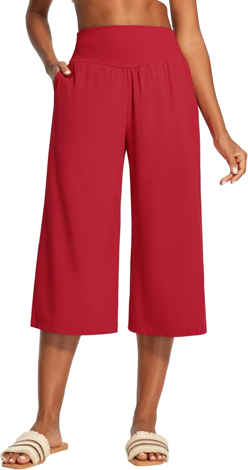 Heathyoga Capri Pants for Women Wide Leg Casual Pants for Women High Waist Lightweight Capris for Summer with Pockets Lounge