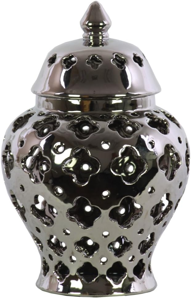 Urban Trends 21279 Ceramic Urn Vase with Cutout Quatrefoil Design, Silver
