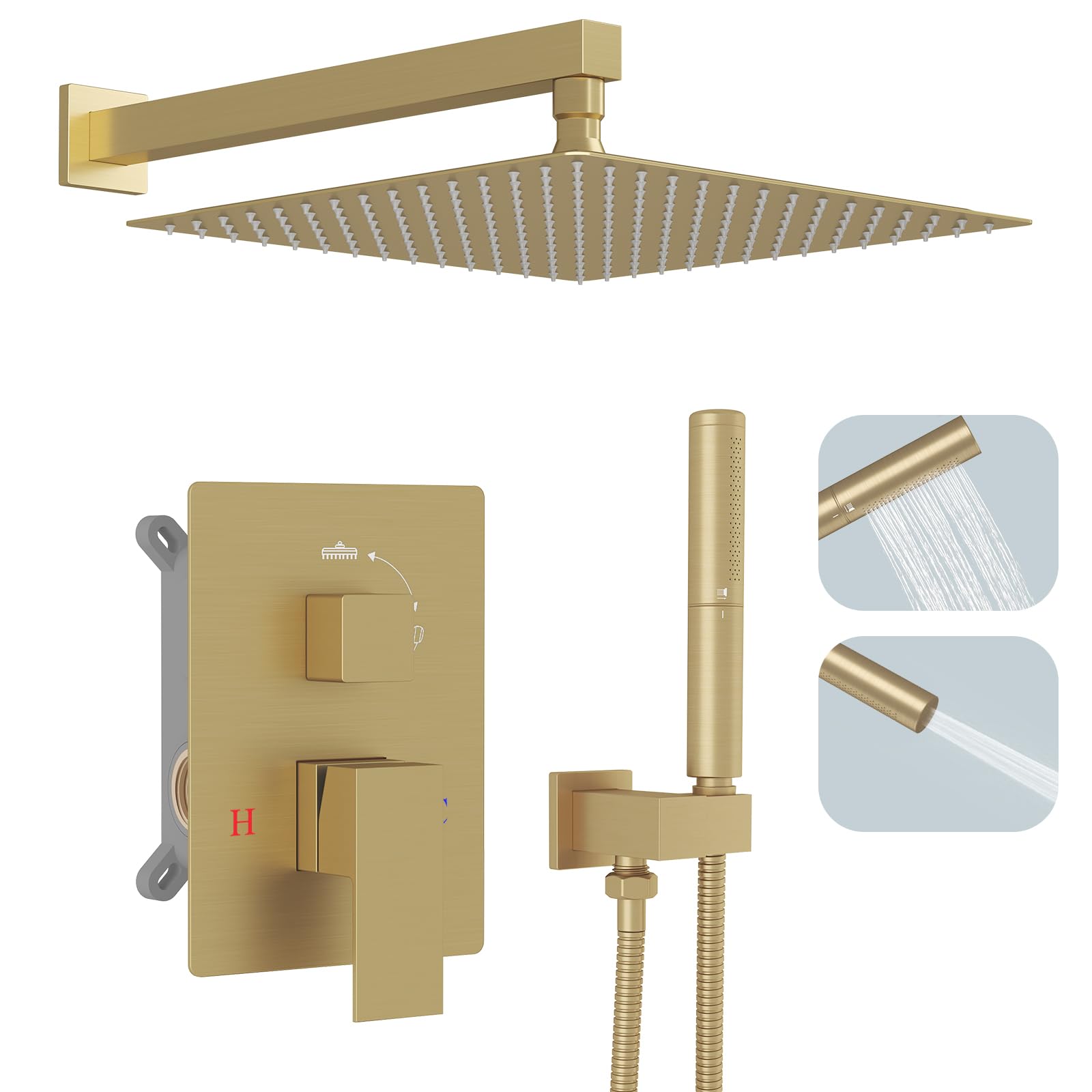 Photo 1 of Hoimpro Shower System Set with 12 Inch Bathroom Rain Mixer Shower Head and Handheld Wall Mounted, Rainfall Shower Faucet Fixture Combo with High Pressure 2 in 1 Handheld Showerhead, Brushed Gold
