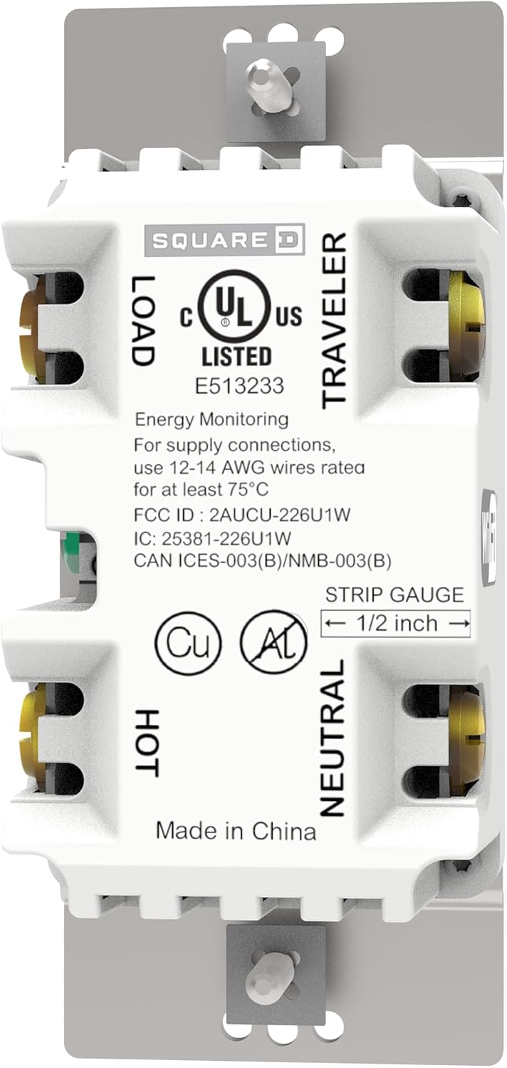 Square D by Schneider Electric X Series 15 Amp WiFi Energy Monitoring Dimmer Switch, Single-Pole/3-way, 600 Watt, Rocker, Matter Certified, Works with Alexa, Google Home, Apple Home, Matte White