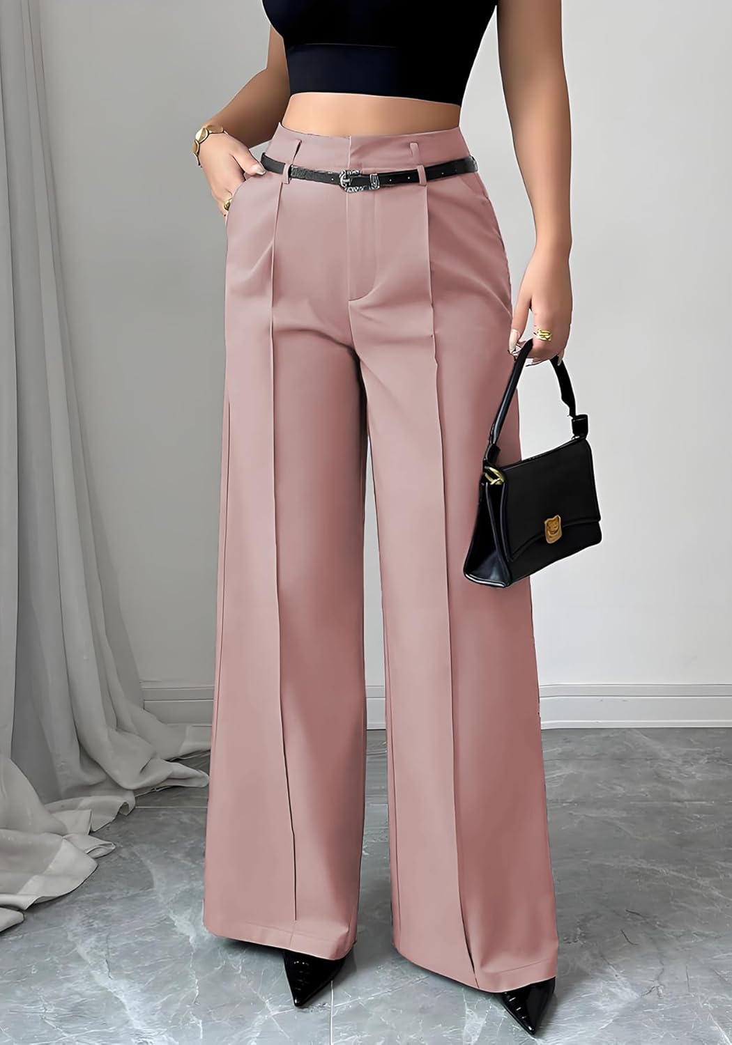 Lucuna Women's Wide Leg Work Pants Casual Business High Waisted Dress Pants Straight Leg Office Slacks Trousers with Belt - Image 2