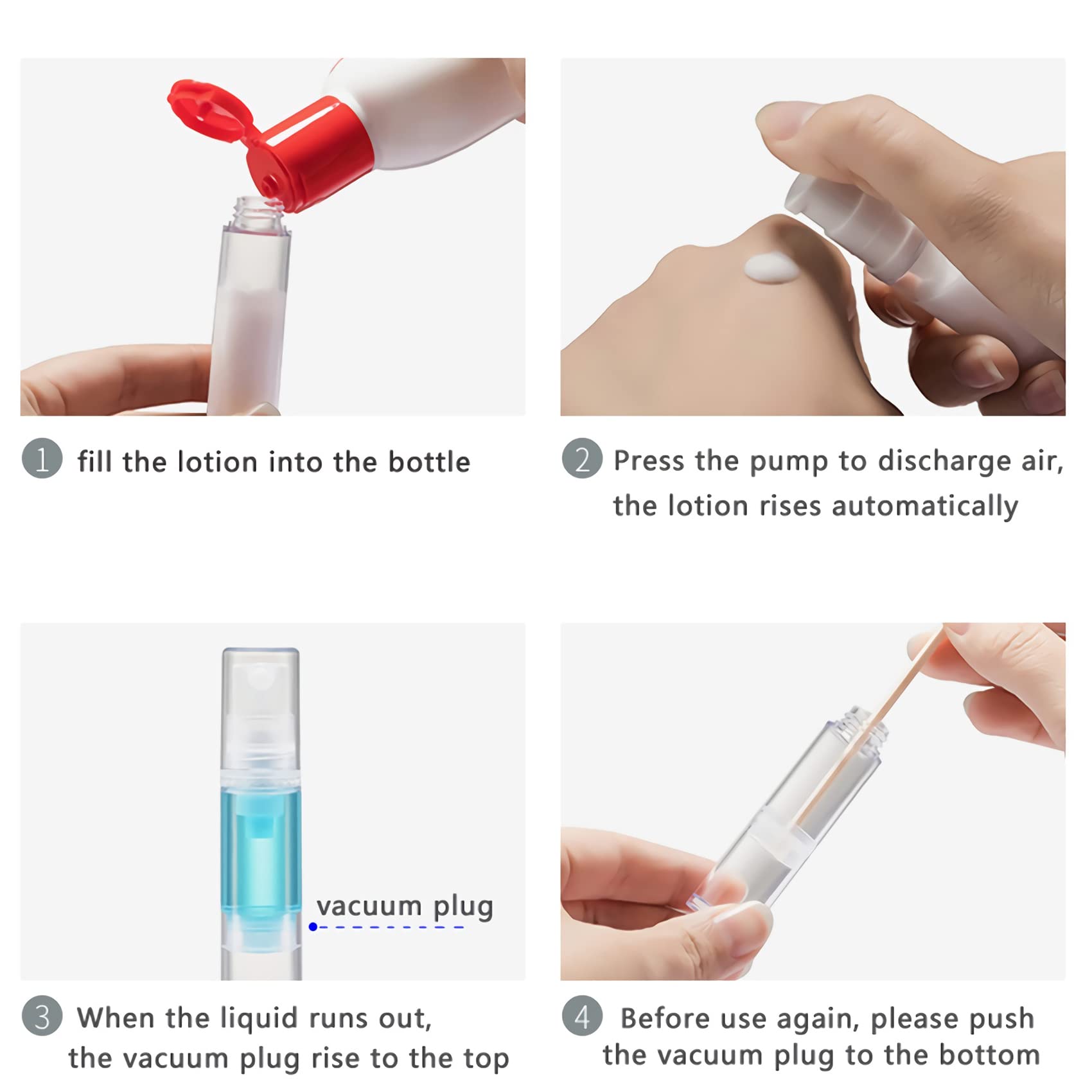 100 Pièce Petit 10ml Flacons Pompes à Lotion Airless de 10 ML Transparent avec Pompe Transparent, Vide Récipient Cosmétique Bouteille de Crème - Aucun Tube REQUIS - Rechargeable