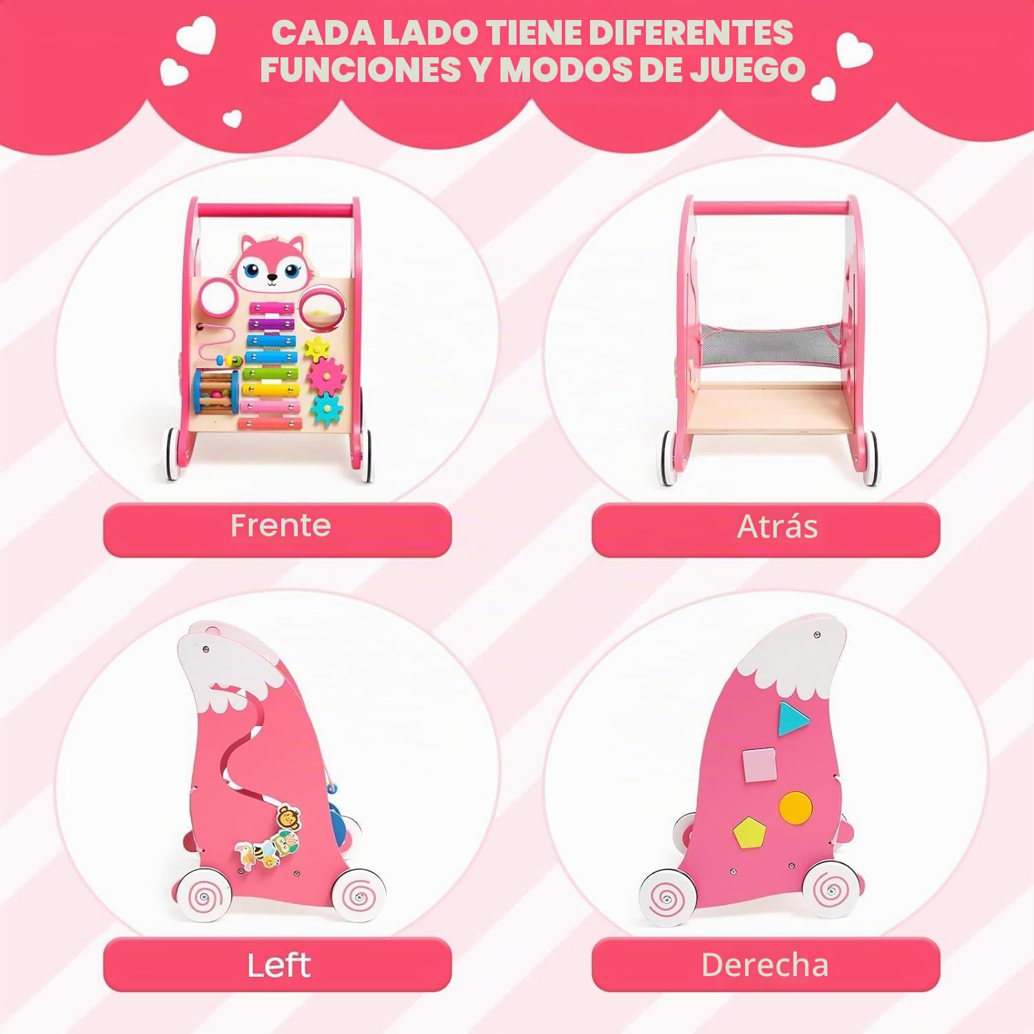 Andador Madera bebe con Características Montessori Multifuncionales Tacata bebe con Xilófono, Instrumentos Musicales y Clasificador de Formas.Correpasillos bebe 6-12 meses (Rosa).