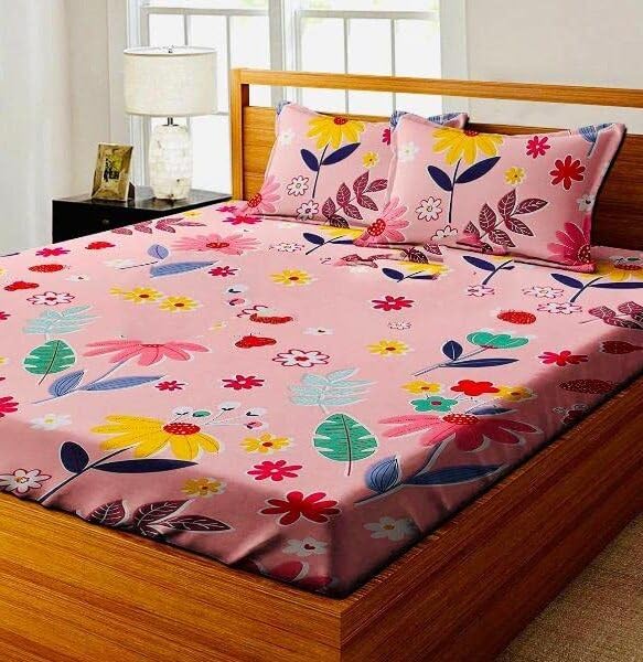 Amvy Creation Prime Collection 160 TC Supersoft Glace Cotton King Size Elastic Fitted Double Bedsheet with 2 Pillow Covers (Multicolour, Size 72 x 78 Inch) - Pink with Leaves Flowers - Gold Fitted (B0BZZ8HR1W) Amazon Price History, Amazon Price Tracker