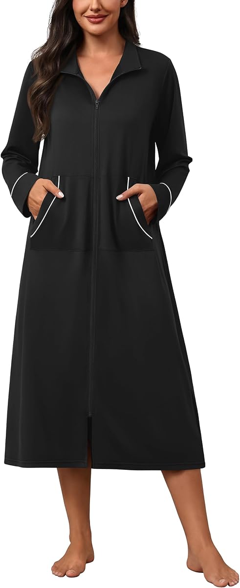 Ekouaer Zipper Robes for Women Long Sleeve Lightweight House Coats with Pockets Zip Up Bathrobe Loungewear S-3XL