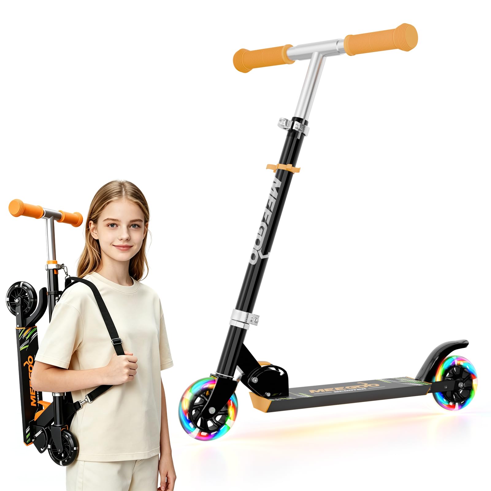MEE GOO Roller Kinder Aluminium Tretroller klappbar mit 3 Verstellbaren Höhen kinderroller für Geschenke für 3+ Jungen und Mädchen (schwarz)
