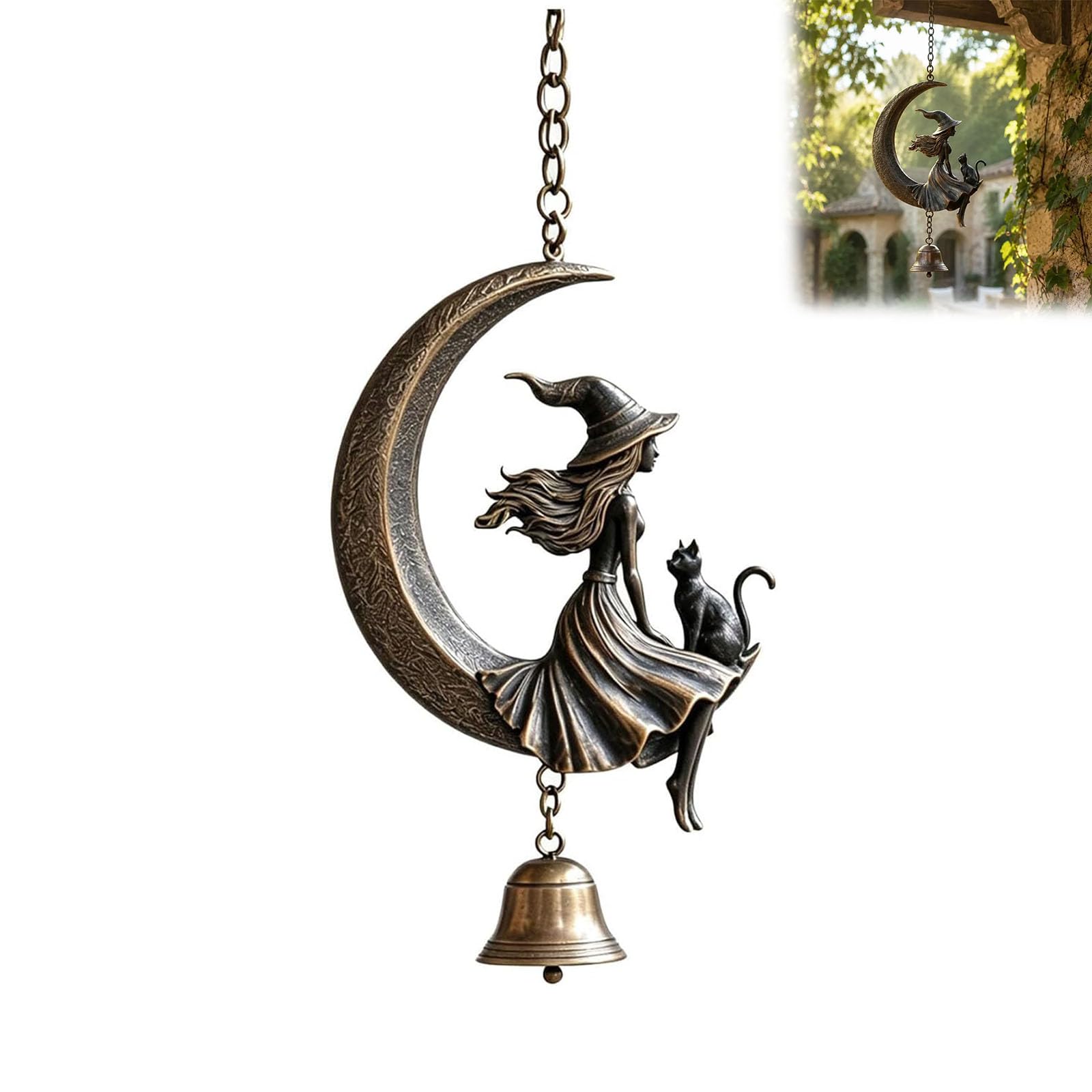 Witch Moon Wind Chime, Gothic Witch & Black Cat Crescent Moon Hanging Bell, Vintage Halloween Resin Home Ornament Gift for Garden, Porch, Patio, Balcony, Front Door (1PC)