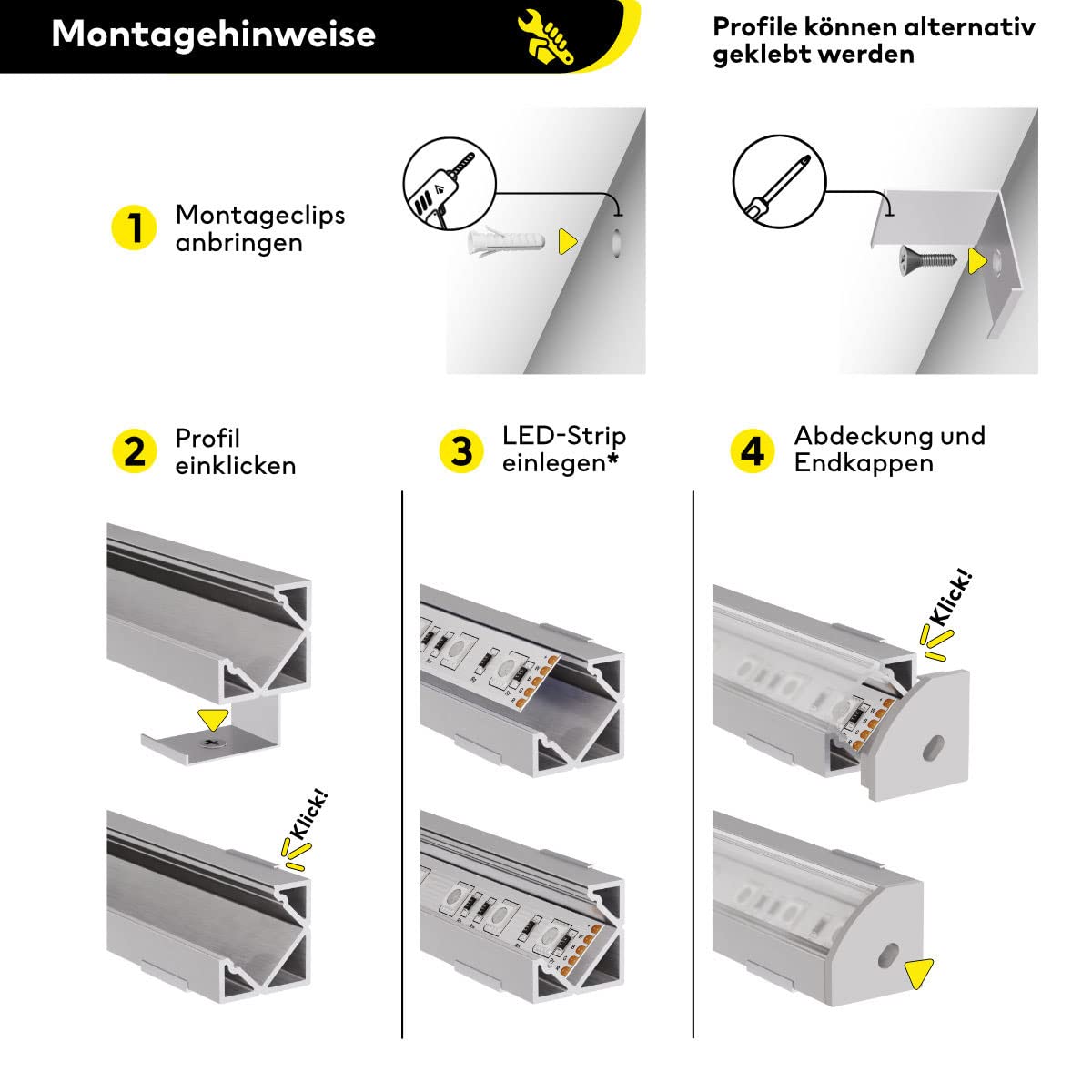 Kit 5 Profili Alluminio 45° Per Strisce LED Da 12 Mm – Copertura Opaca, Dissipatore Per 26W/m, Lunghezza 2 Metri
