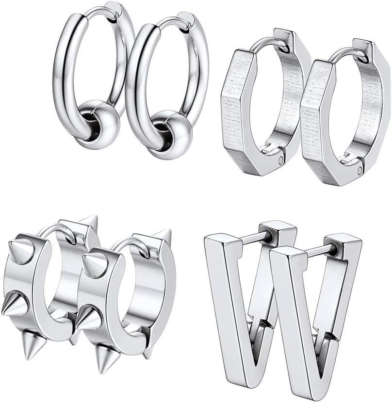 Geometric Earrings for Men Stainless Steel Spike Earring Statement Triangle Round Small Hoop Huggie Punk Jewelry(Wrapped)