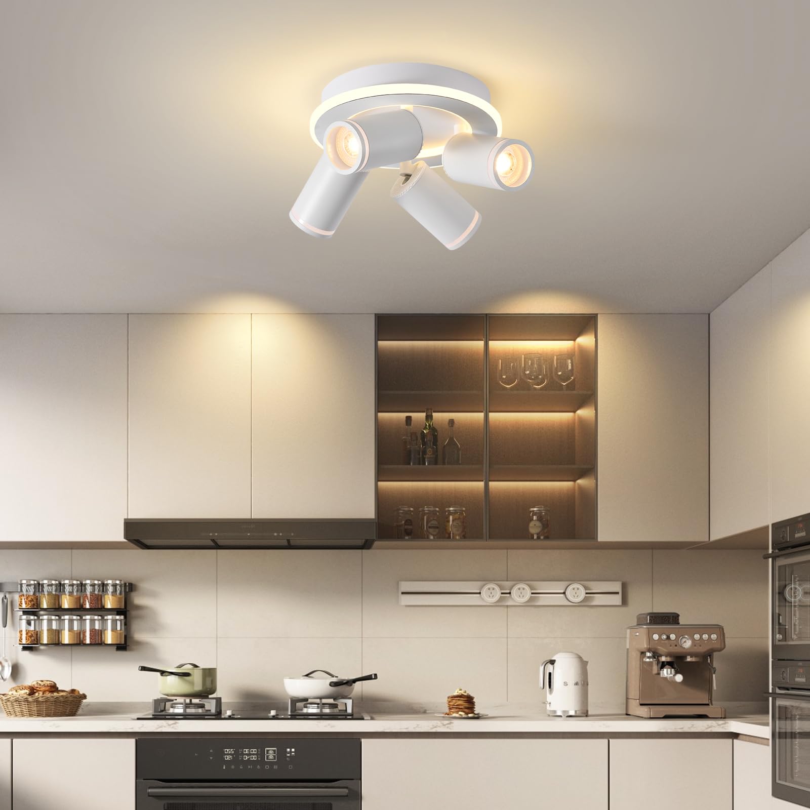 SANSHI Okrągły reflektor sufitowy, 4 obrotowe reflektory sufitowe LED 350°, nowoczesne oświetlenie oprawy z dolnym blaskiem 22 W + 4 x 5 W GU10, ciepła biel 3000 K do kuchni, salonu, biały