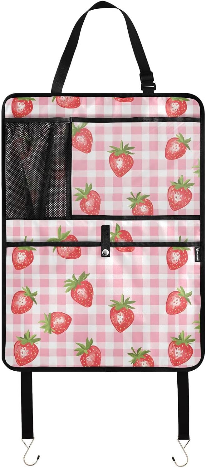 Strawberry Pink Gingham Car Back Seat Cover Protector for Kids Seat Protector Kick Mat Back Organizers with 3 Pockets, 2 Pcs