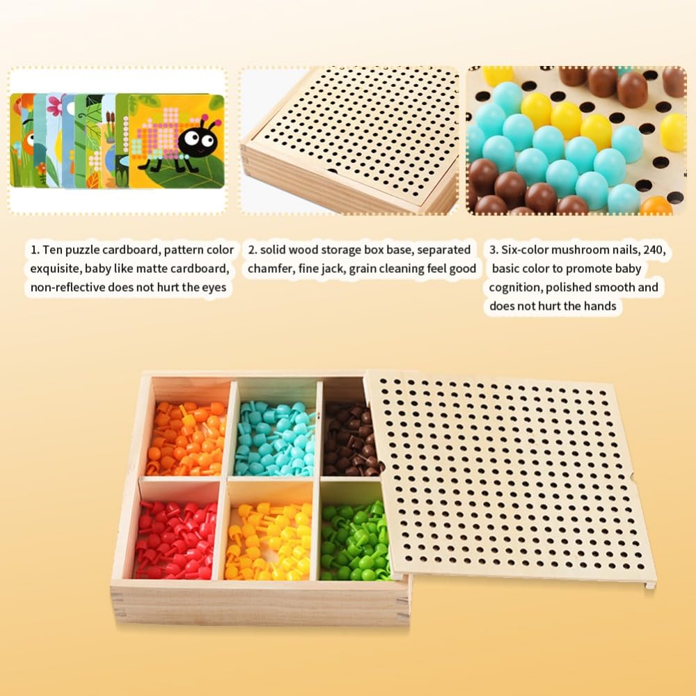 RANJIMA Mosaïque En Bois – Pegboard Avec Perles Champignons – 240 Pièces, Cartes Modèles – Cadeau 3-8 Ans