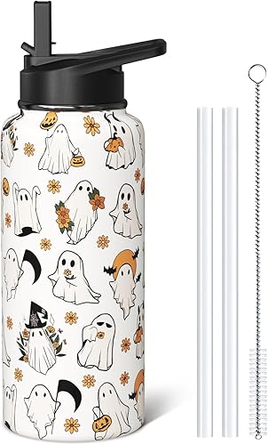 Miniatura 11 de Botellas de agua de fantasma de Halloween de 40 onzas con popote abatible y tapa de boquilla, bonita botella de agua de acero inoxidable Botella