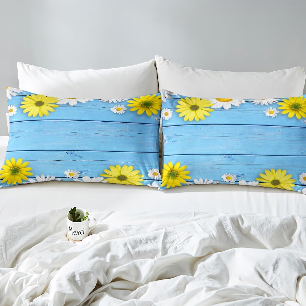 Set di biancheria da letto per con motivo floreale e fiori bianchi, verdi, set da letto per da giardino con rami botanici floreali e rami botanici con dente di leone king