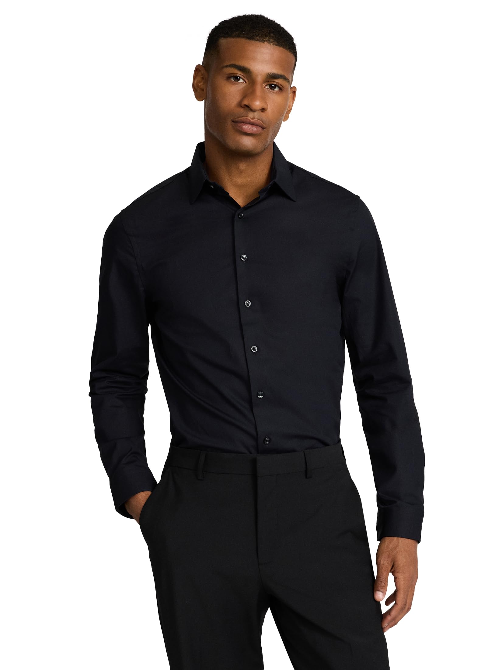 Photo 1 of EXPRESS Men’s 1MX Stretch Dress Shirt – Slim Fit Performance Cotton Long Sleeve Button-Up with Easy-Care, Wrinkle-Resistant Fabric Black