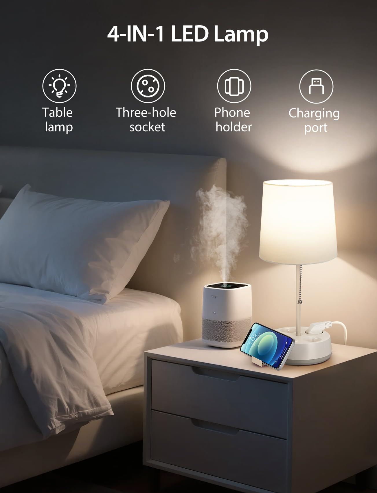 Aigostar- Smarte Tischlampe LED Kompatibel mit Alexa, Bedside Lamp Modern, 2700K-6500K und RGB Dimmbar, mit 3 Steckdosen (Type F), 3 Schnellladeanschlüsse, Fernbedienung und Handyhalterung, Weiß