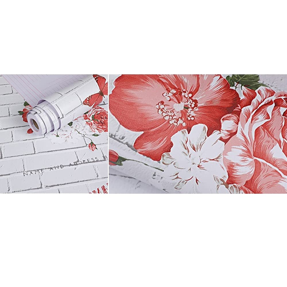 Yifasy Furniture Liner Red Flower Shelf Drawer Lining Paper Self-Adhesive PVC Waterproof White Bricks Sticker 118x17.7 Inch