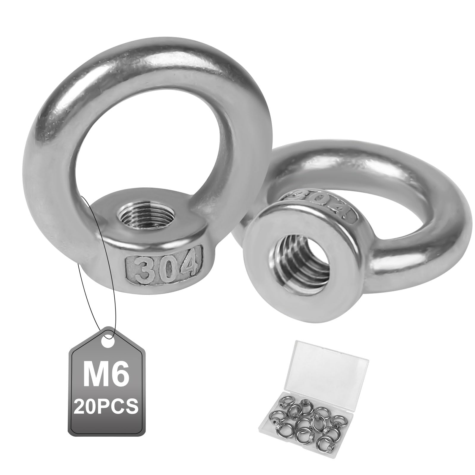 EXLECO Pack of 20 Ring Nuts M6 Ring Bolts Stainless Steel Eye Nut Internal Thread Eyelets Stainless Steel Ring Eyelets Lifting Equipment Accessories for Rope Mounting Trailers Greenhouse Swing Stand