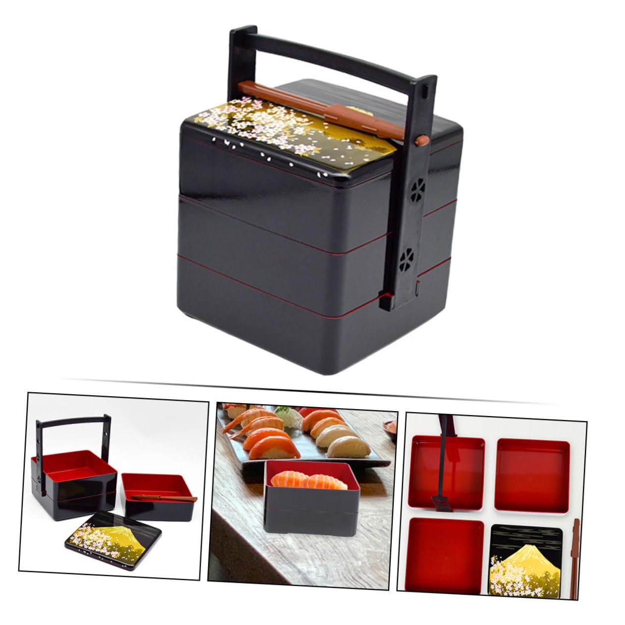 Hohopeti Boîte Bento Japonaise à Sushi Noire, Design Trois Niveaux