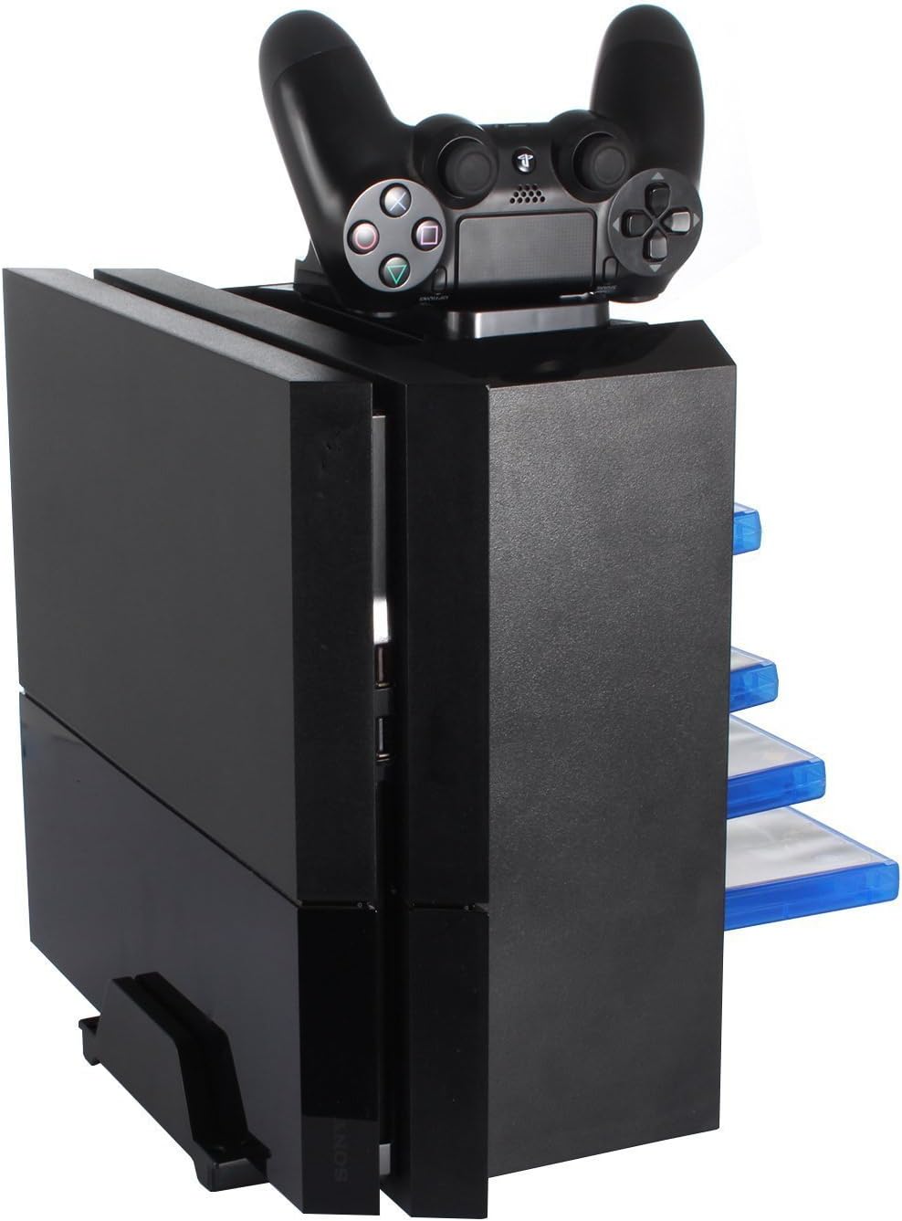 KONKY PS4 Game Storage Tower Controller Charger, Multifunctional Detachable Playstation 4 Console Vertical Stand & CD Game Disk Holder, Blue-Ray Films Storage & PS4 Dual USB Fast Charging Dock