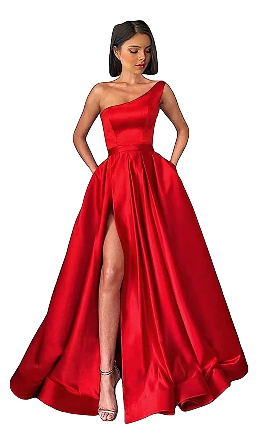 Sincemeet Vestido de Fiesta de satén con un Hombro para Mujer Vestido Largo de Dama de Honor Vestido de Fiesta con Corte en A