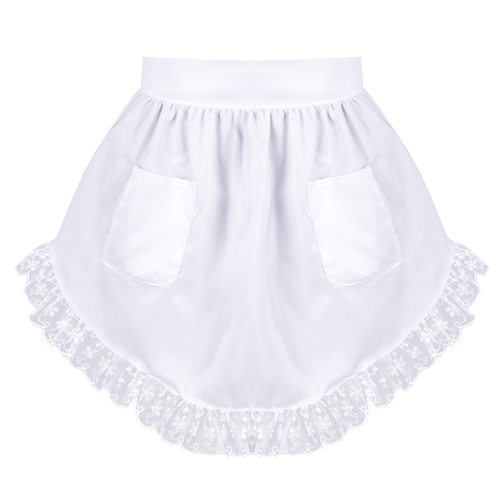 Lace Waist Apron, White Half Apron with Pockets, Maid Cooking Aprons