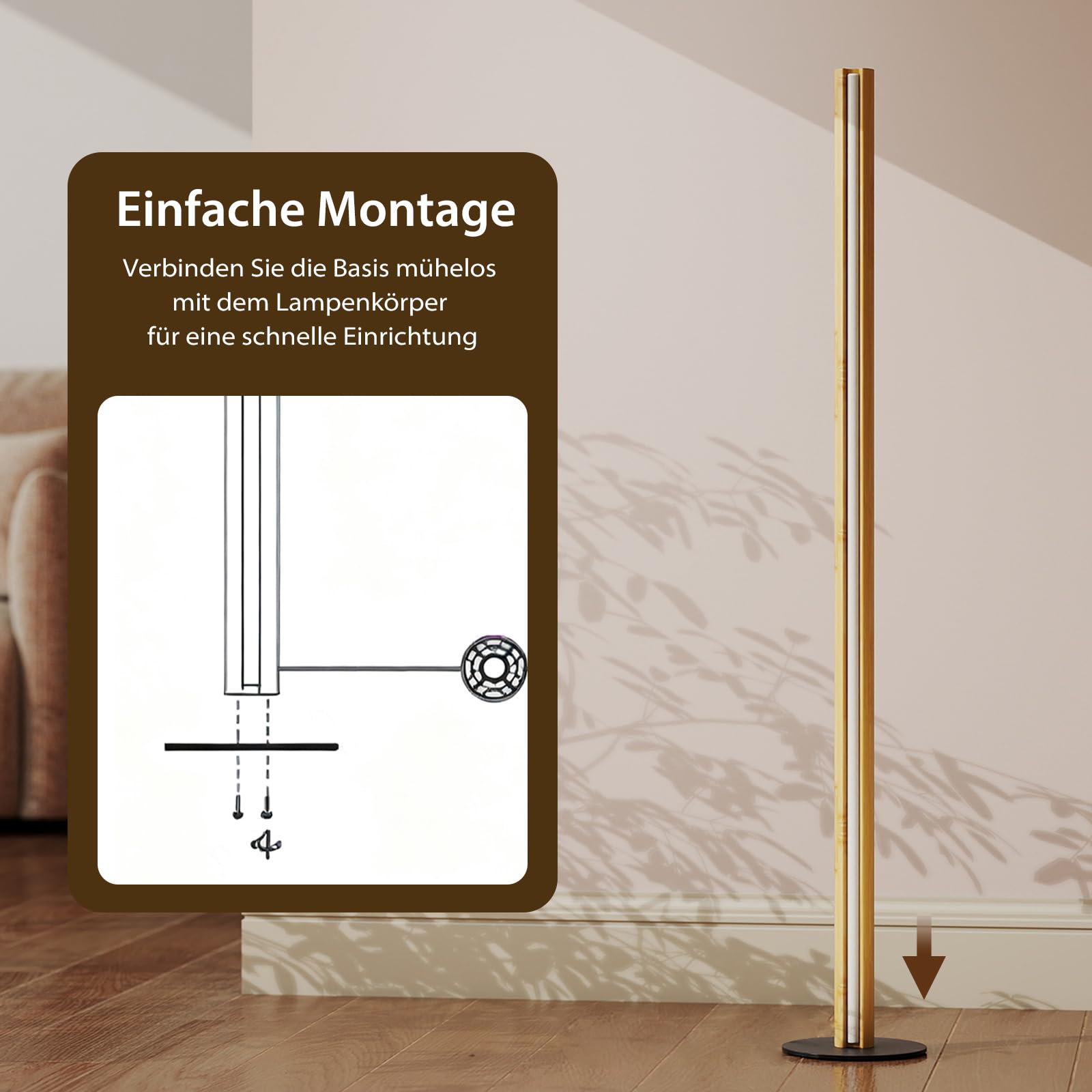 COSTWAY 122cm LED Stehlampe Bambus, Standlampe mit Fußschalter & 3 Farbtemperaturen von 3000K-6000K, dimmbare Leselampe minimalistisch für Wohnzimmer, Schlafzimmer & Büro