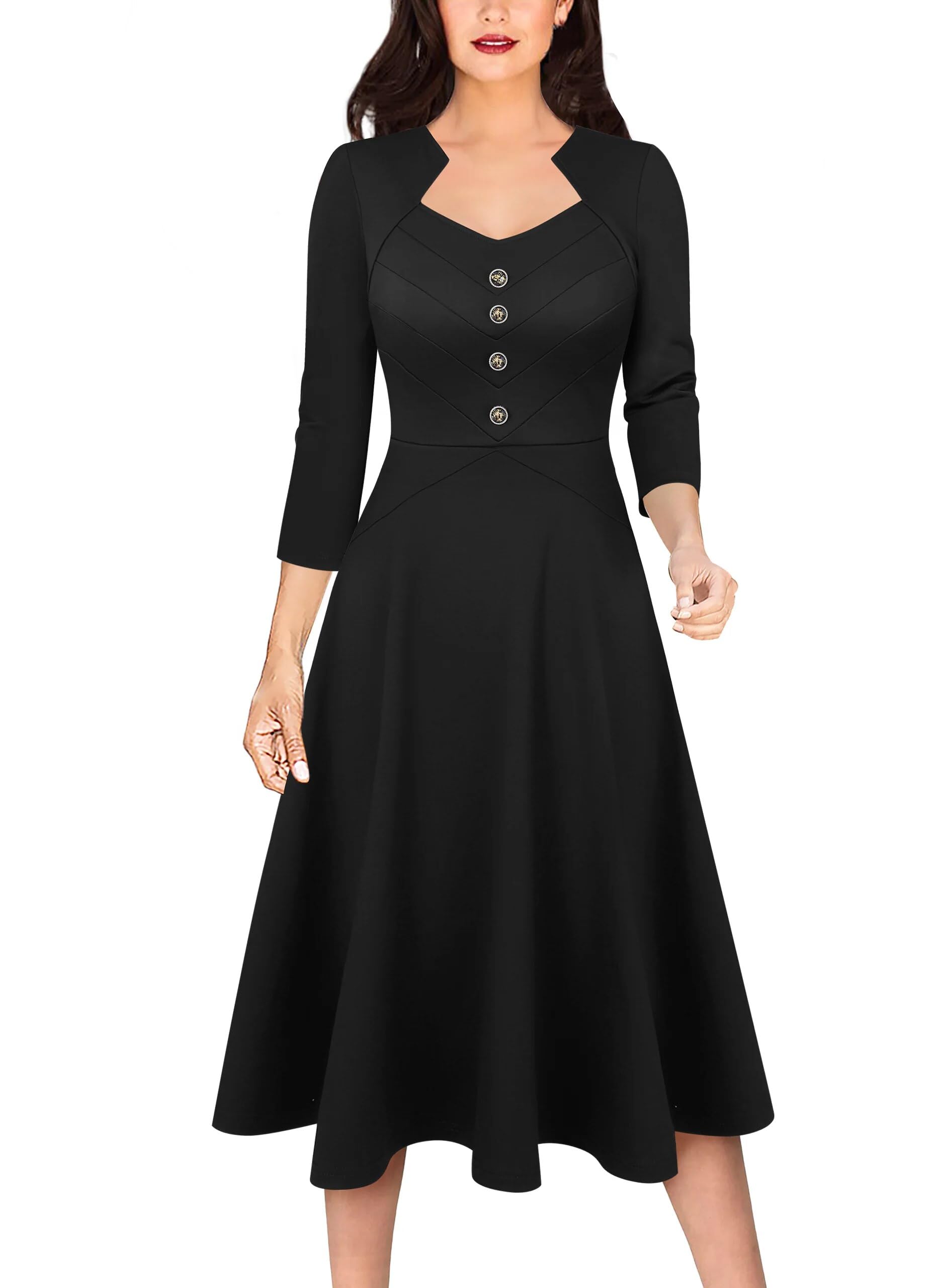 VFSHOW Womens Vintage Retro Square Neck Work Business Office Fit and Flare Mid-Calf A-Line Dress