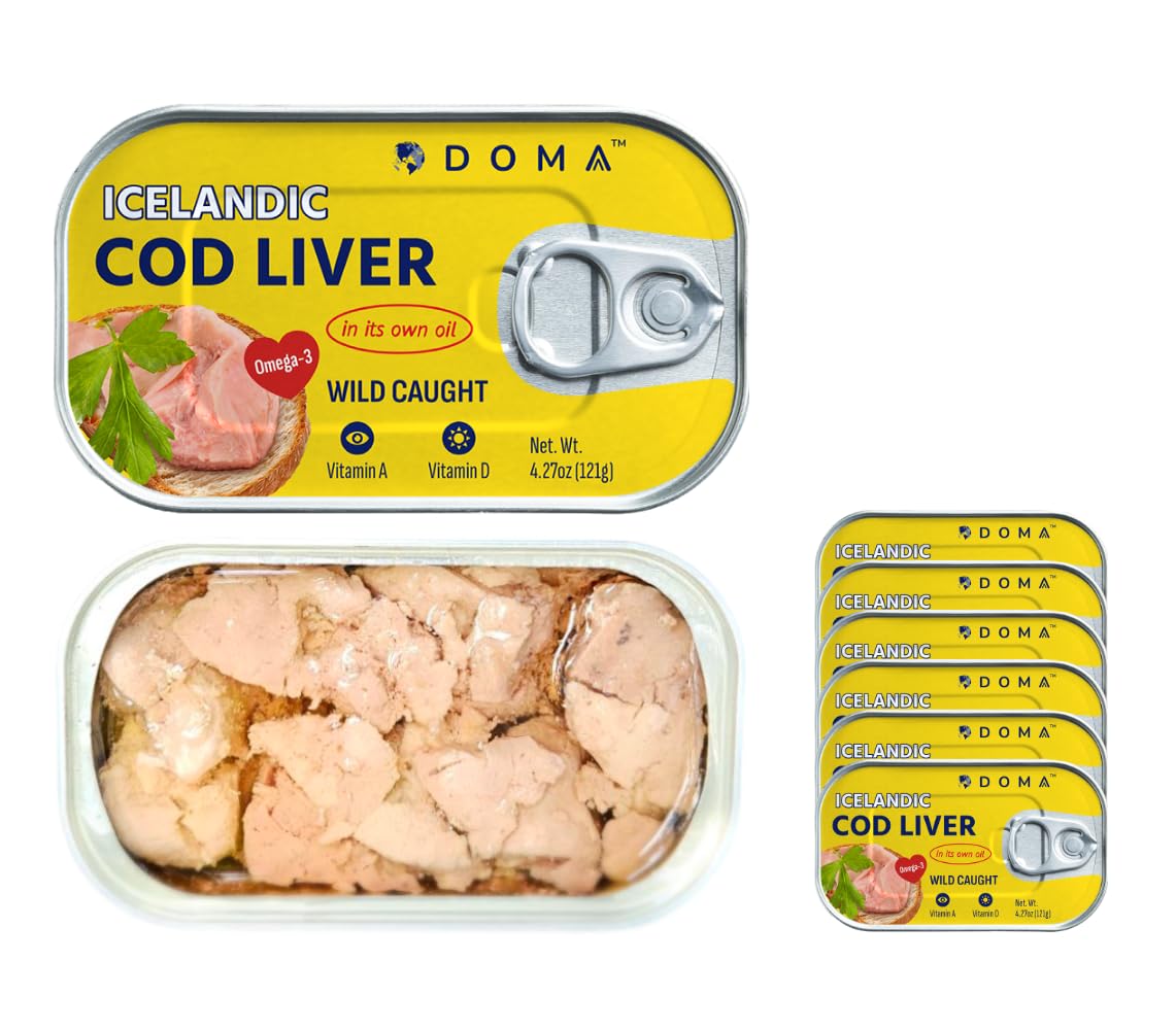 DOMA Icelandic Cod Liver, Selected Whole Pieces in Its Own Oil, Wild-Caught, 110% DV Vitamin D per Serving, Omega-3 (DHA & EPA), Ready to Eat, 4.27oz