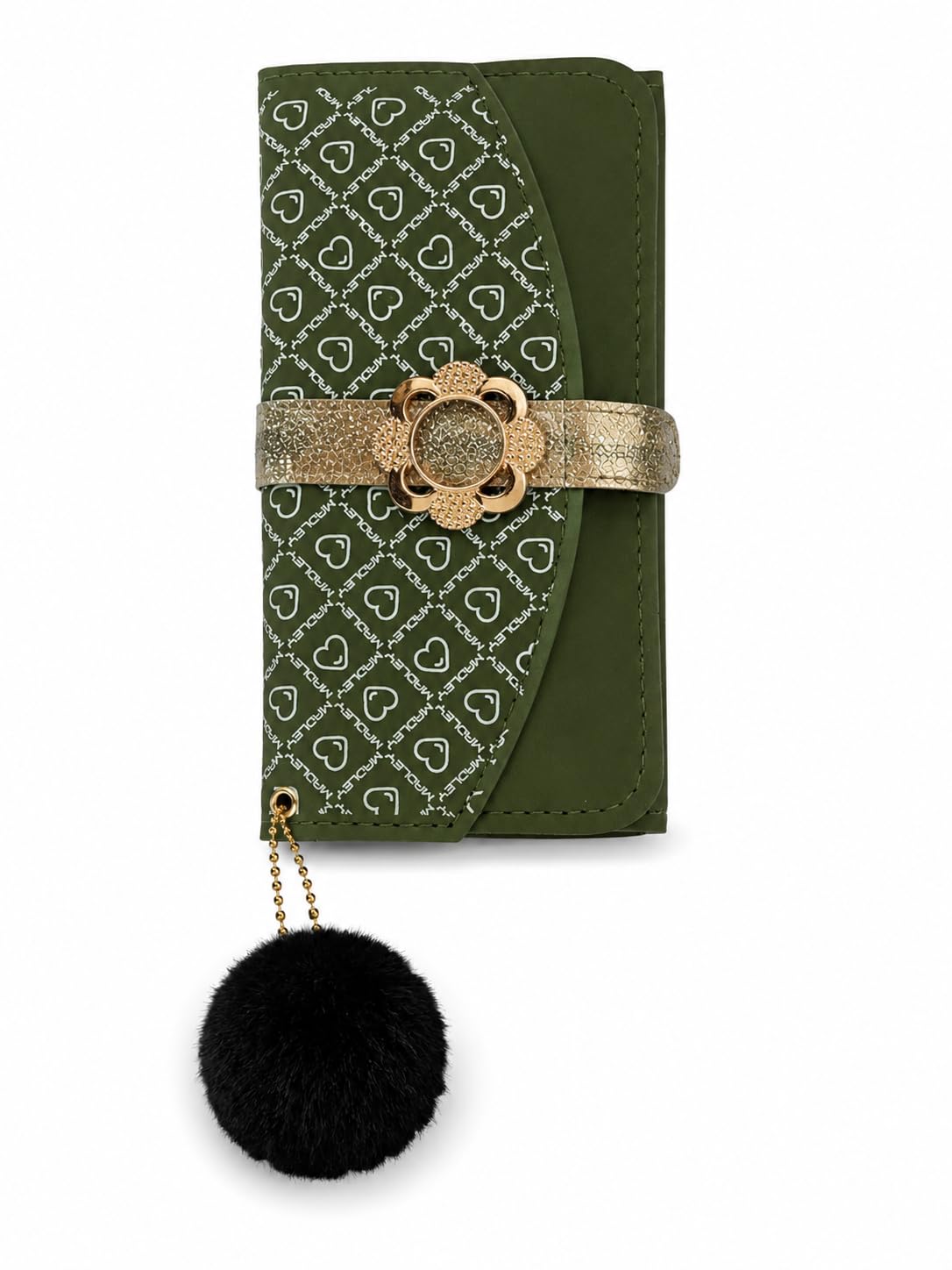 Ladies Green Envelope Clutch Wallet with Pom Pom Charm-image-19