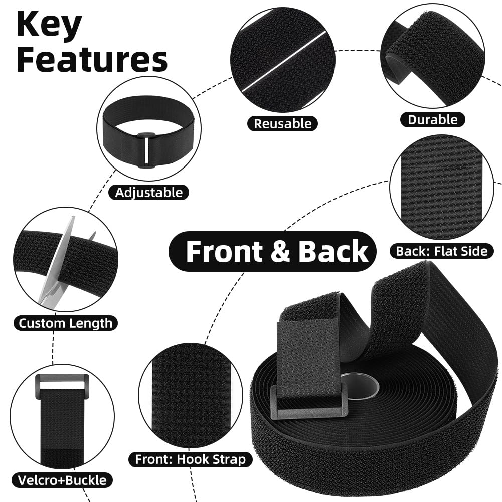 HOTUT Bridas Reutilizables para Cables de 6m x 3.8cm con 25 Hebillas, Ajustables de Nylon con Gancho y Bucle, Cortables a la Longitud Deseada, Cintas de Sujeción para Organizador Management de Cables
