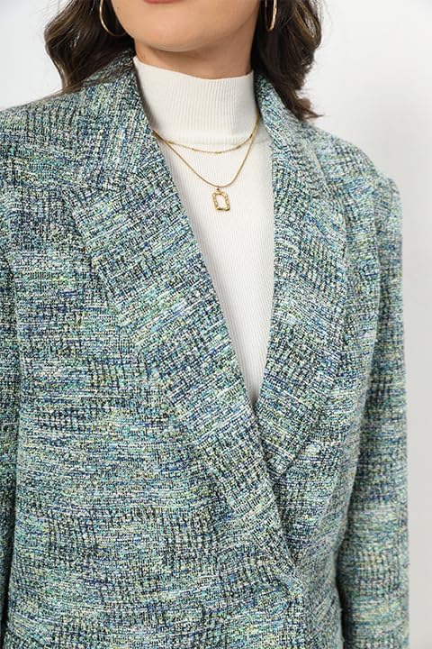 TRNY Tweed Plaid Blazer Coat for Women - Oversized Double-Breasted Suit Jacket Casual Work Office Blazer with Pockets - Image 2