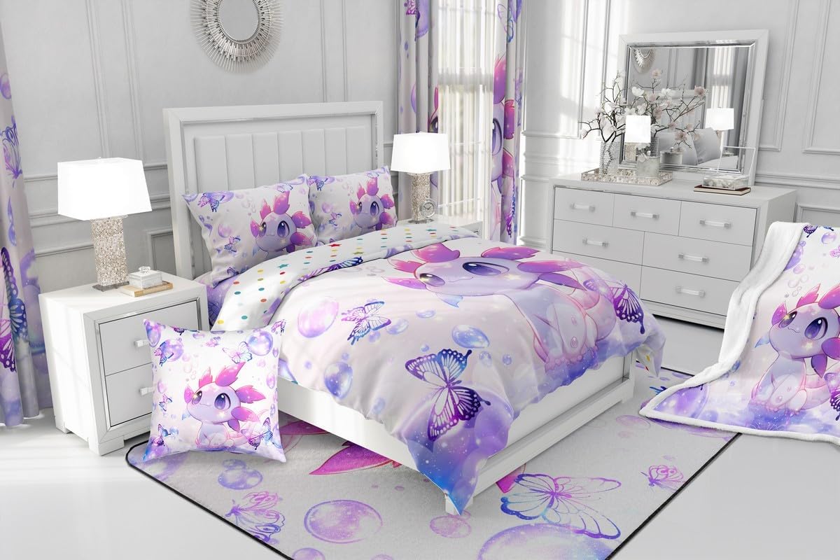 Erosebridal Kawaii Axolotl Girls Toddler Bedding Set Cute Axolotl Comforter Set for Kids Teen Women,Cartoon Ocean Animal Butterfly Down Comforter Ocean Sealife Quilt Set